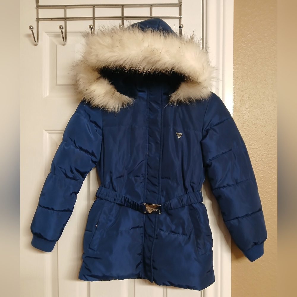 GUESS Blue Hooded Puffer Coat with Faux Fur Trim - Size 10